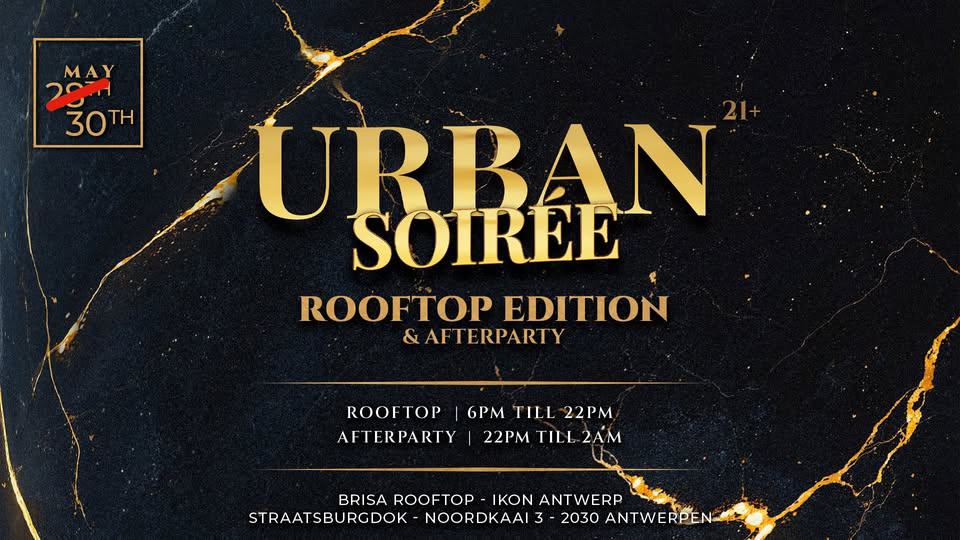 2. Alt text: Grafisch poster van Urban Soirée rooftop feest in Antwerpen met gouden en zwarte details, dat de datum en locatie benadrukt.