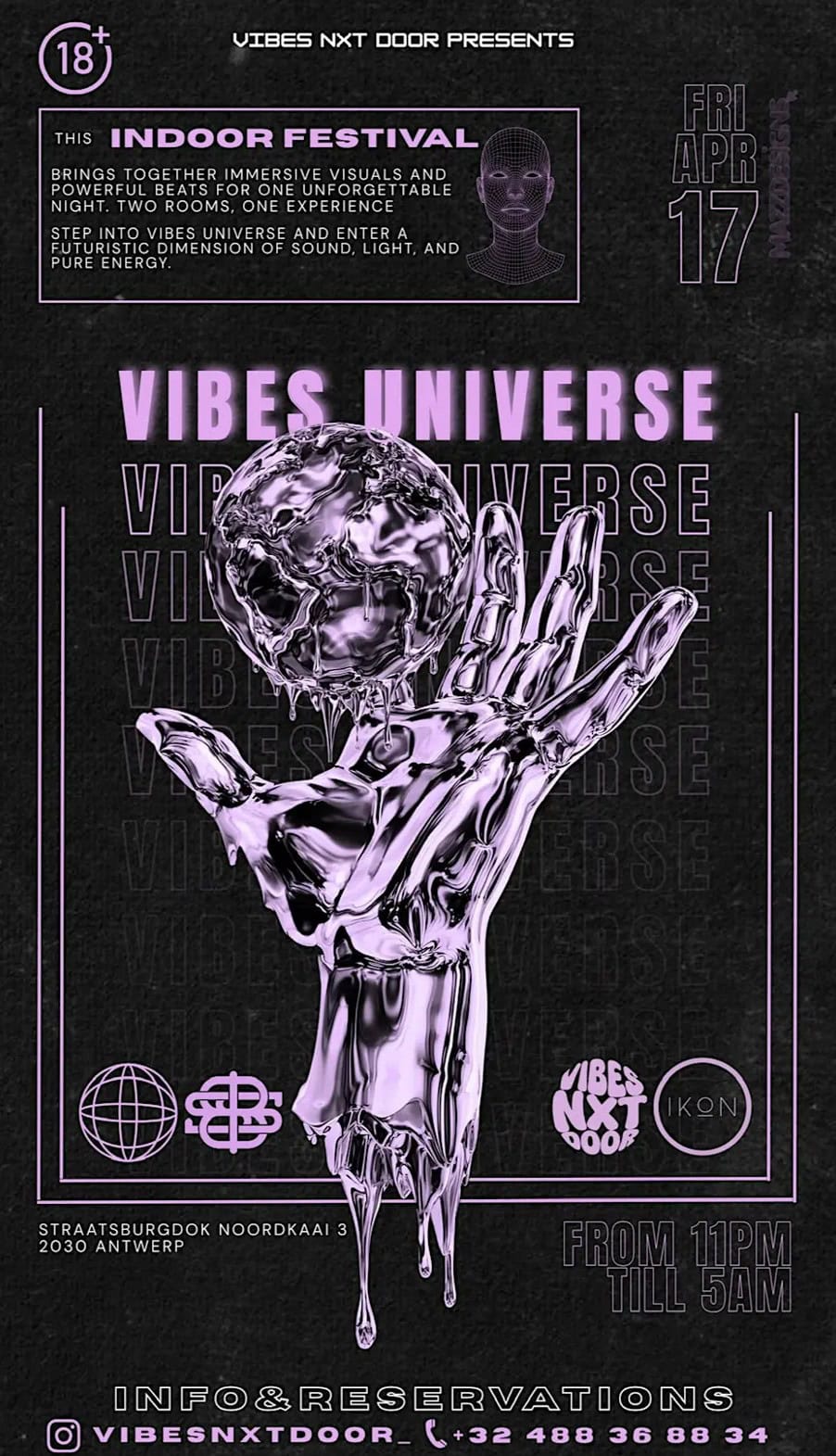 Een futuristische digitale poster voor het Indoor Festival Vibes Universe, met een holografisch hand en een bol, in levendige paarstinten, met details over het evenement in Antwerpen op 17 april van 2.
