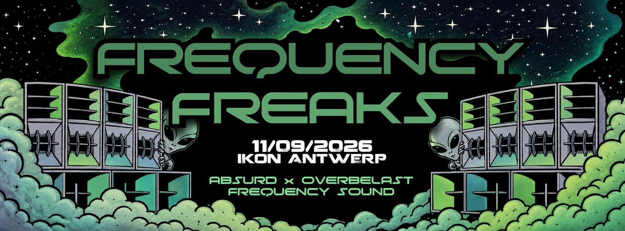 Muziekfestival Frequency Freaks bij IKON Antwerp met kleurrijke lichtshow en speakers, 11 september 2026.